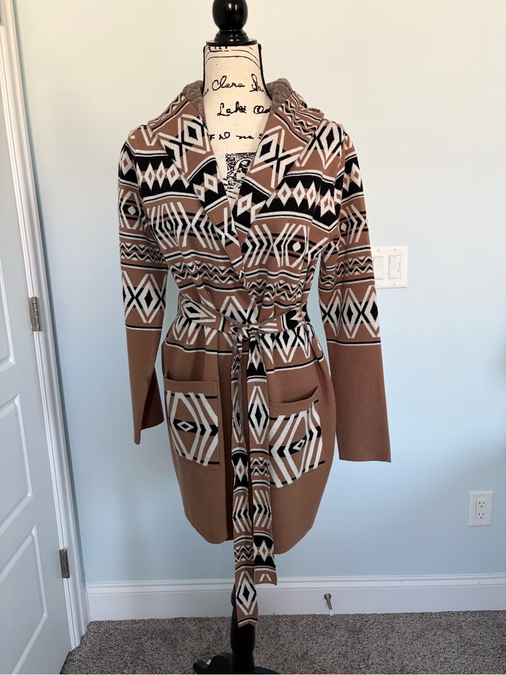Rachel Zoe Belted Tan/Brown\Black Aztec Belted Sweater